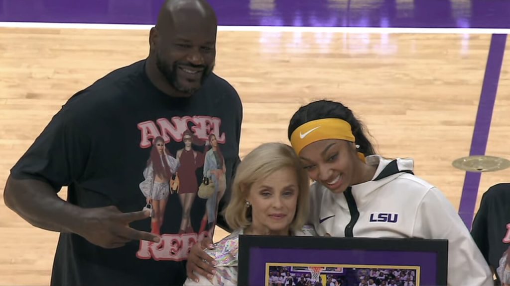 Shaquille O’Neal Escorts Angel Reese To Basketball Court For Senior Day At LSU